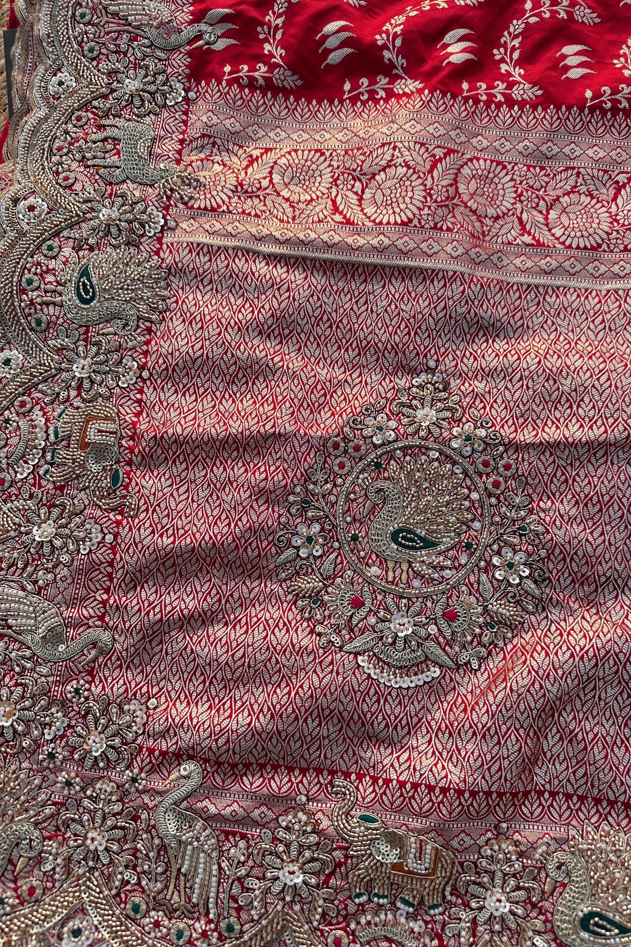 Red Rani Banarasi Satin Unstitched Saree Embellished With Zari, Moti, Sequins & Cutdana Work